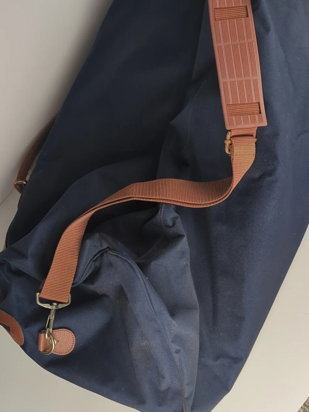 POLO RALPH LAUREN Navy Blue Canvas Duffel Bag with Brown Trim